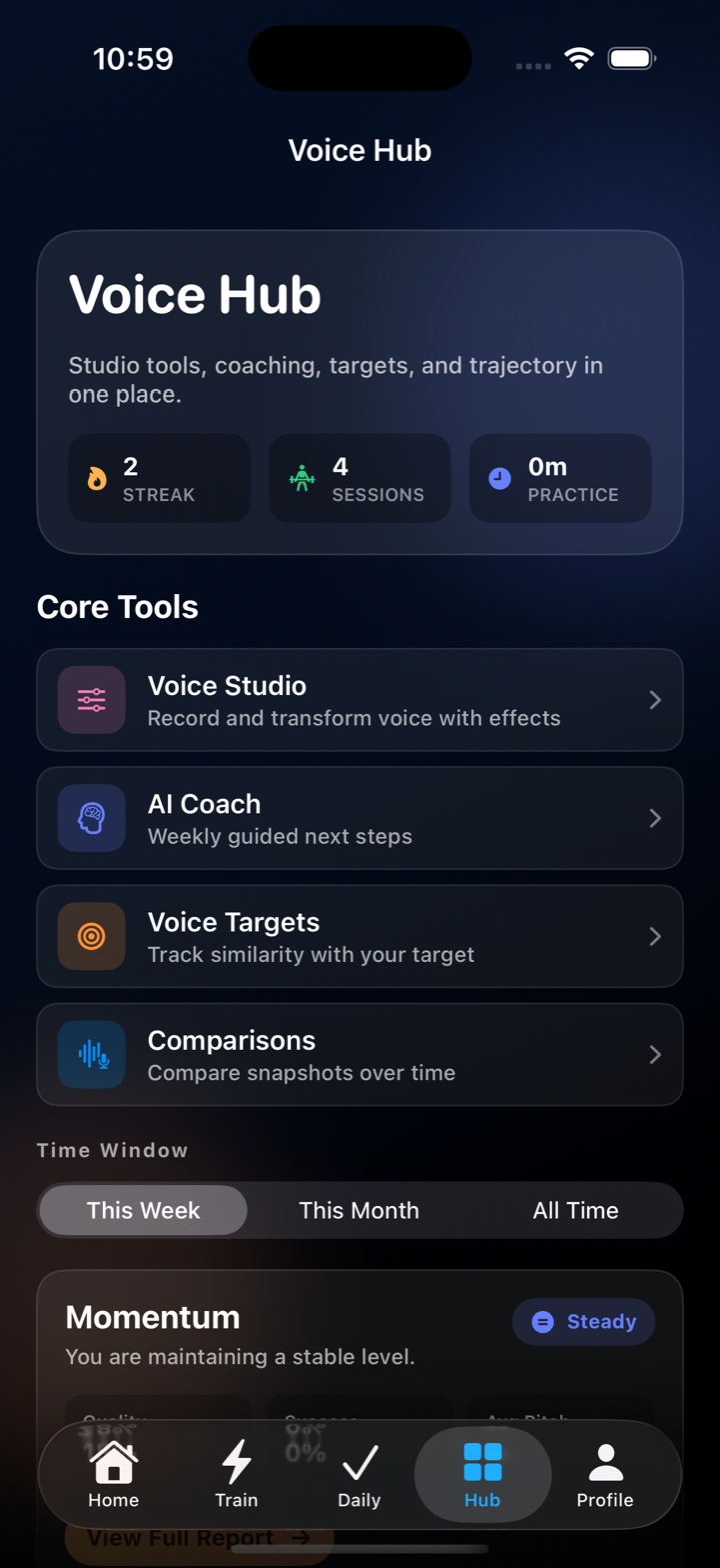 DeepVoice voice hub screen with tools and progress windows