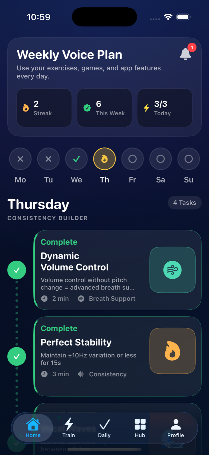DeepVoice weekly voice plan with streak and completed exercises